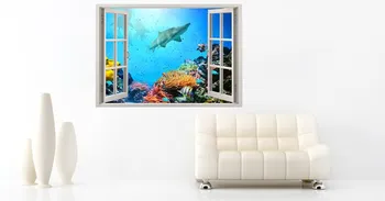 Подводна стикер на стената с акули, Коралов риф 3D прозореца, морска стикер на стената за домашен интериор, цветни акули, стенно изкуство, детска...