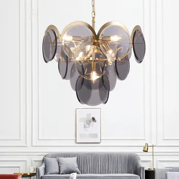 Постмодернистские led висящи лампи кръг Мътни сиво/Амбър стъклена окачена лампа за луксозен ресторант, дневен тракт, осветителни тела