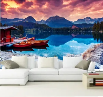 Потребителски 3D стенописи, Красиво езеро с лодка под цветни небе, естествен папель - де - пареде, хотел, хол, диван, телевизор, спалня, тапети