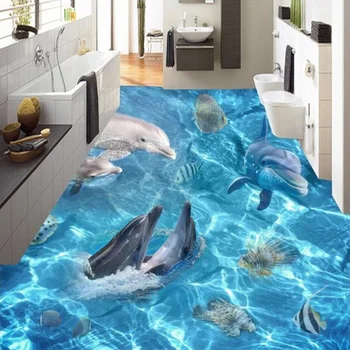 Потребителски 3D Тапети Свят на Океана Делфини, Акули Рисувани Стенни Пол Хол, Баня Vinyl Самозалепващи Водоустойчив Стикер На Пол 3D