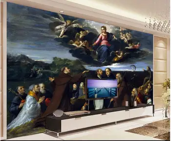Потребителски снимки тапети за стените, 3 d стенописи тапети Западна фигура на маслени картини на Дева Мария, малък ангел ТЕЛЕВИЗИЯ фон на стената