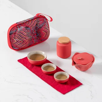 Преносим чай комплектът включва 1 Чайник, 3 Чаени чаши, 1 банка, красив и лесен чайник, Китайски Пътен Керамични Преносим Чай набор от Gaiwan