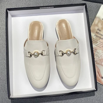 Пролет 2022, Нова дамски обувки Мюлер на равна подметка в корейски стил, модерни чехли с кръгло бомбе и перли за момичета, размер 41-44, Безплатна доставка