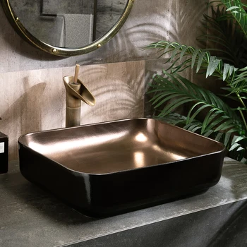 Разкошна Розова Тисненая Златна порцеланова баня суета мивка за баня купата на плота на масата е Кръгла Керамична мивка за баня с мивка