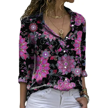 ризата oversize femme 2022, дамски ризи с флорални принтом, дълъг ръкав, копчета, реколта дрехи, пролетни ежедневни блузи в стил ретро