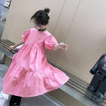Розова рокля с пищни ръкави за малки момиченца, ново лятно памучно свободно рокля 2021 г., детско празнична рокля, бебешки дрехи wz95