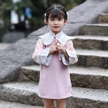 Рокли В Китайския национален Стил За момичета, Винтажное Рокля Чонсам с Бродерия За Момичета, Детски китайска цитра, традиционно Облекло