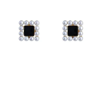 Самоличността на творчески ретро капка глазура черен квадрат сребърна игла перлени обеци, дамски обеци, обеци на едро