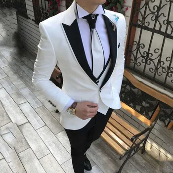 Сватбен Костюм на Младоженеца, Мъжки бели и черни, Бизнес Костюми, Комплект мъжки костюми Terno (Яке + Жилетка + Панталони)