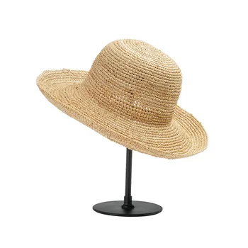 Сезон: пролет-лято нова ръчно изработени шапка от лико за жени, вязаная на една кука, сгъваема сламена шапка с навес, градинска пътна плажна шапка солнцезащитная