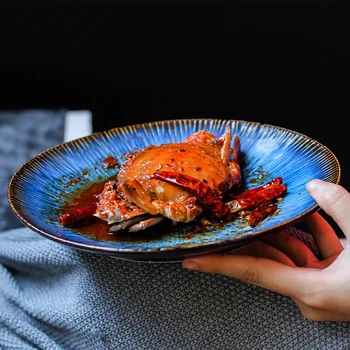 Синя креативна чиния пържола в западен стил, керамична чиния за паста за зъби, чиния за плодова салата, щампована домашни зеленчукови чиния в японски стил