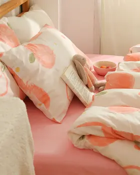 Сладко сладко розово прасковен комплект спално бельо за деца, юноши и възрастни, модерен памук с две отделни легла, пълен домашен текстил, плосък чаршаф, калъфка за възглавница, чаршаф