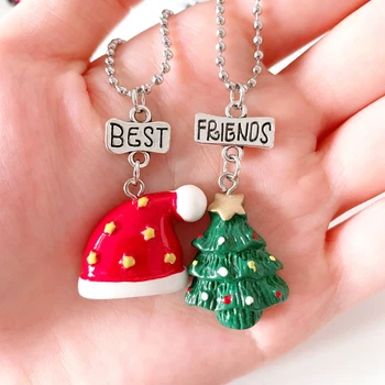Смола Коледно Дърво Шапка Висулка Колие Деца BFF 2 Най-добри Приятели Приятелство Бижута Весели Коледни Подаръци За Деца