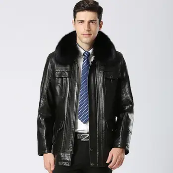 Със средна дължина, с много кожа яка, бархатное кожени палта, утепленная зимни мотоциклетът кожено яке, за мъже jaqueta de couro masculino