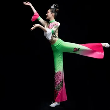 традиционен китайски народен танцов костюм за жени, танцови костюми, класически дрехи, Класически Танцов Костюм, елегантен Танц с Фен