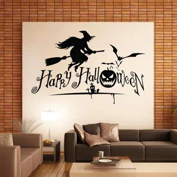 Украса Happy Halloween Party Стена С Алуминиева Дограма, Стъклени Етикети Термоаппликации Черни Прилепи Вещица Декор