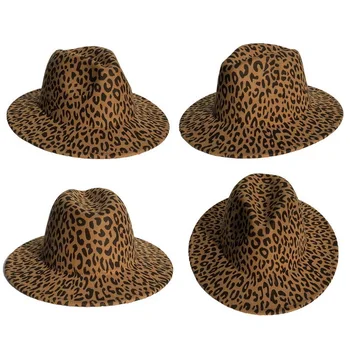Унисекс плоски ръбове вълна фетр джаз Fedora шапки за мъже и жени, леопардовый кожена каишка украса на племето Панама вечерни шапка каубой