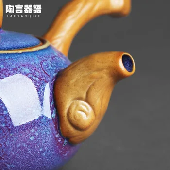 Чайник с дървена дръжка за печене в пещ Ючжоу Юни, керамика, ръчна изработка, на една капка сурово минерално масло, Тяньму Кунг-фу, чайна церемония, кана с дръжка, кана за приготвяне на чай