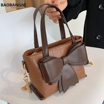 Чанта-тоут с крокодиловым модел и Лък, Модни Нова Качествена Дамска Дизайнерска чанта От Изкуствена Кожа, чанта-Месинджър на рамото на Веригата