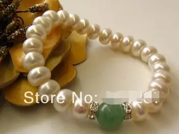 Чар! благороден 8-9 мм, бели перли и jadeite разтегателен гривна 7,5 