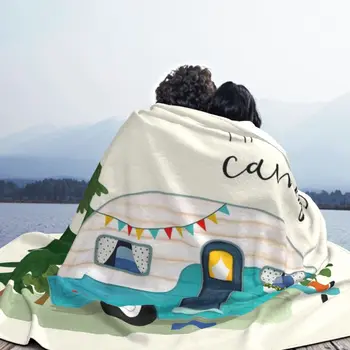 Щастливо Приключение на Къмпинг Вълнена Одеяло Лагер Каравана Творчески Каре Одеяло за Дома 200x150 см